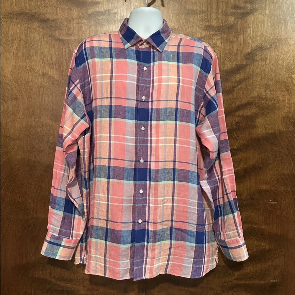 CREMIEUX 100% Linen Plaid Button Down Shirt Mens XL Blue & Pink Long Sleeves EUC